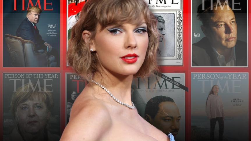 Taylor Swift cut out over a grid of TIME magazine person of the year covers