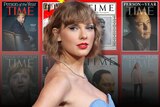 Taylor Swift cut out over a grid of TIME magazine person of the year covers