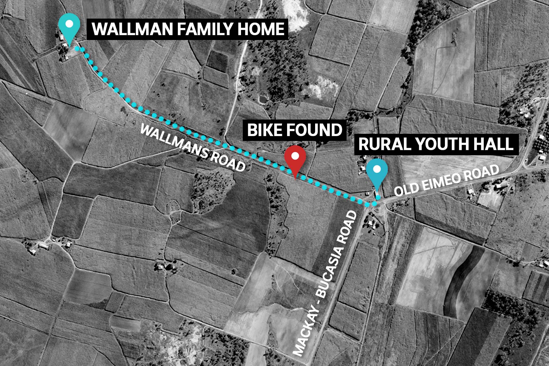 A map of farmland and a road, marked to show the route a missing schoolgirl took.