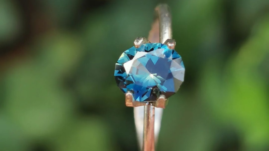 A blue sapphire set in a silver ring, greenery blurred out in background.