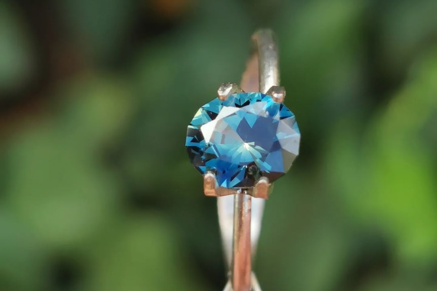 A blue sapphire set in a silver ring, greenery blurred out in background.