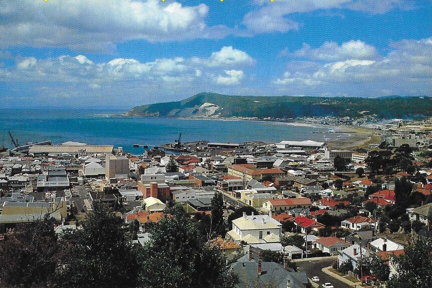 An old postcard showing a photo of the town of Burnie in Tasmania.