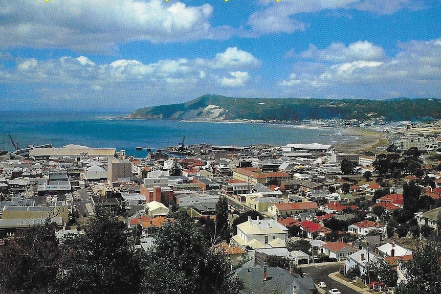 An old postcard showing a photo of the town of Burnie in Tasmania.
