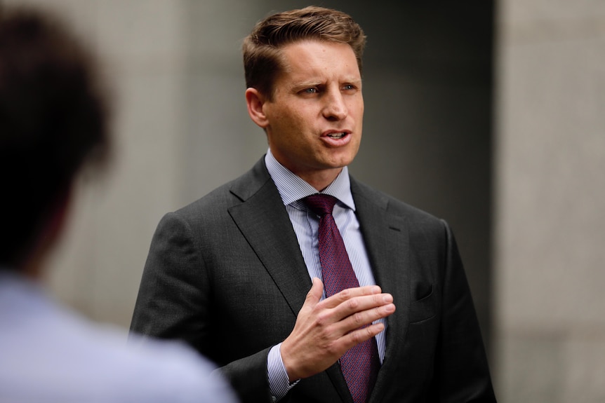 Hastie gestures with one hand while speaking at a press conference in a parliament house courtyard.