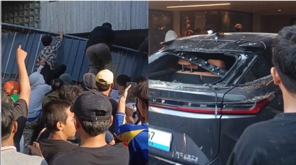 A composite image shows people climbing a fence and a damaged car