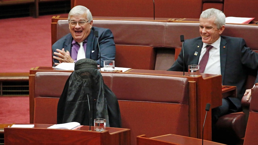 George Brandis was given a standing ovation for slamming Pauline Hanson's decision to wear a burka into the Senate.