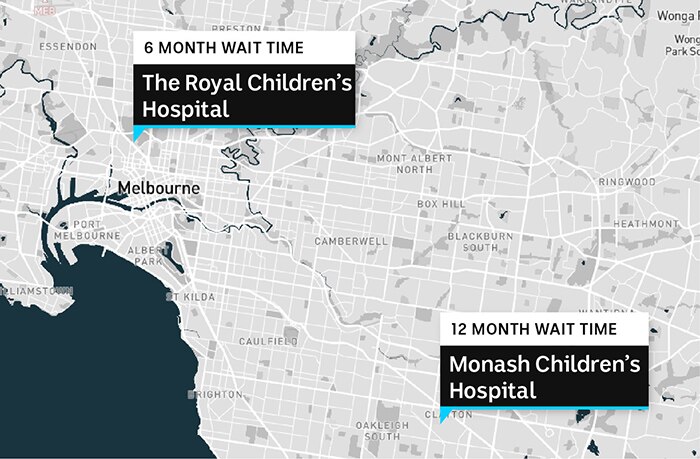 Map showing location of  Melbourne hospitals The Royal Children's Hospital and Monash Children's Hospital.