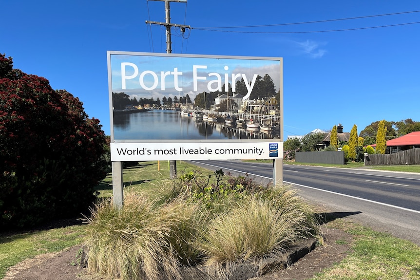 A photo of Port Fairy's town sign on a sunny day