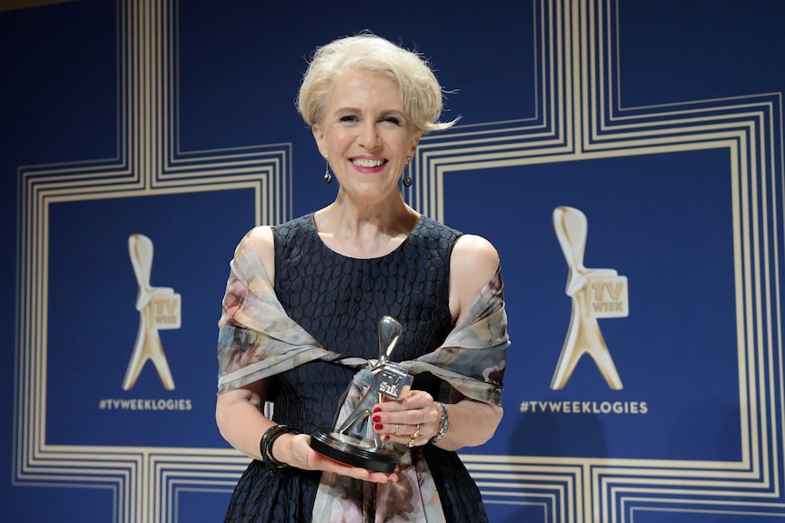 Debra Lawrance holds the silver logie backstage