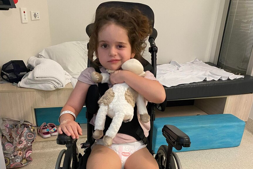 Little girl, Arlo, brown hair, brown eyes, sitting in a wheelchair hugging a toy, hospital room behind.