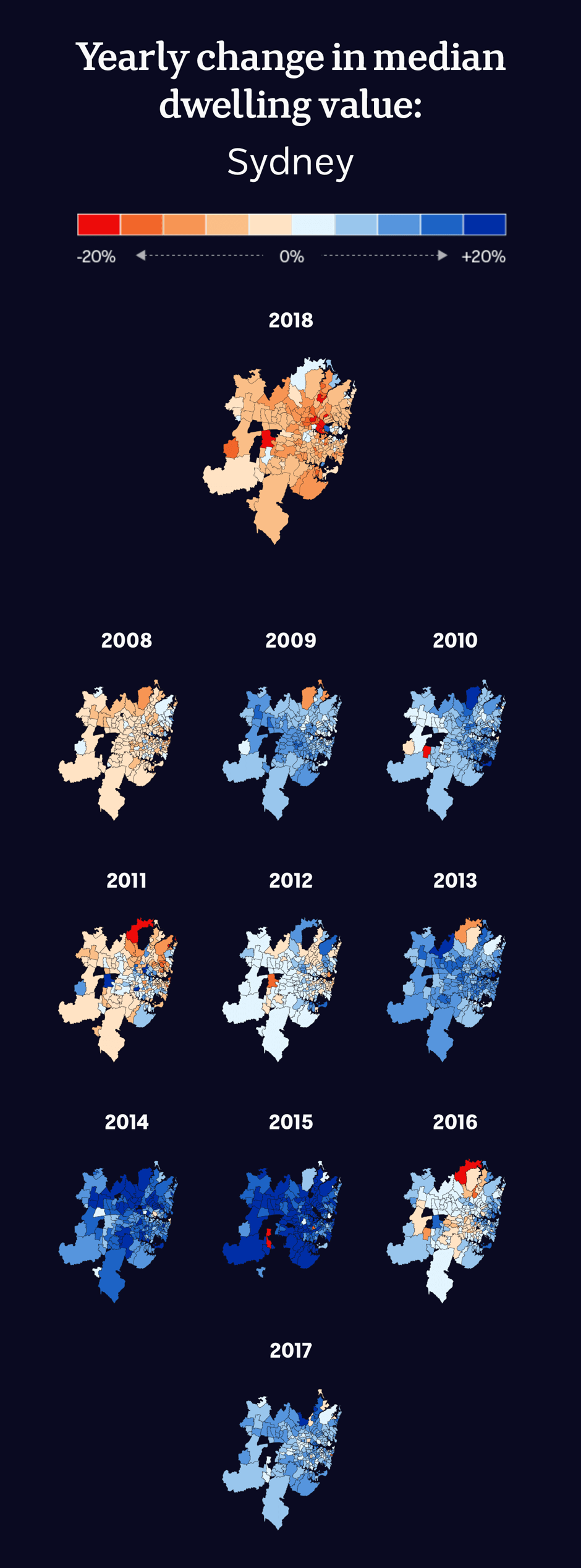 Series of postcode maps showing the percentage change in median dwelling values in Sydney