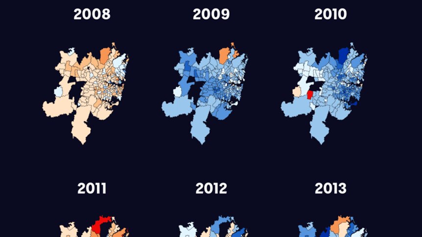 Series of postcode maps showing the percentage change in median dwelling values in Sydney