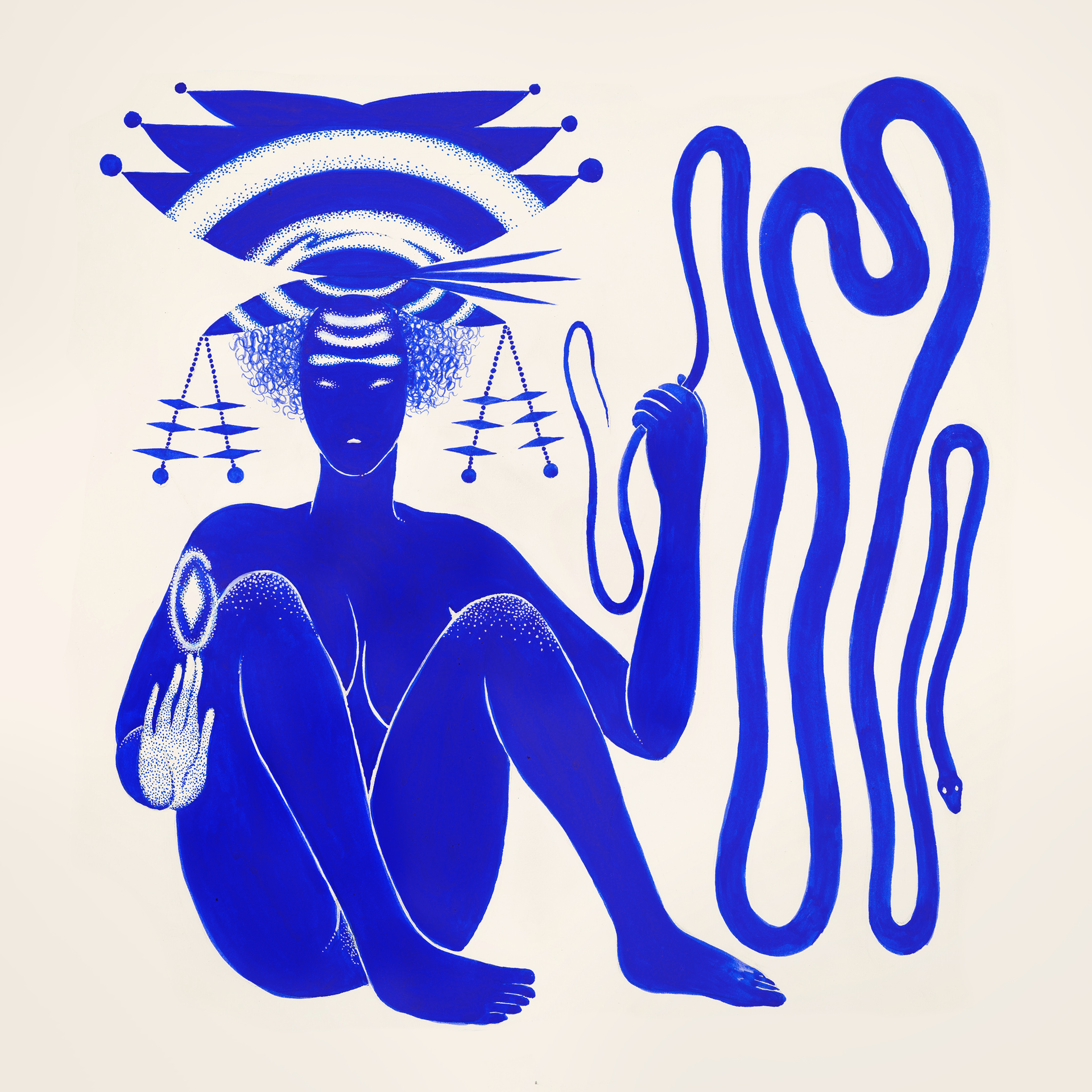 A blue illustration of a naked figure crouching holding a serpent and wearing an elaborate headpiece