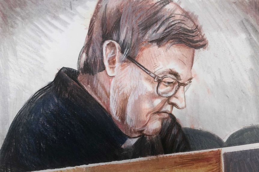 A muted sketch shows Pell looking down during the trial  with a glum expression on his face.