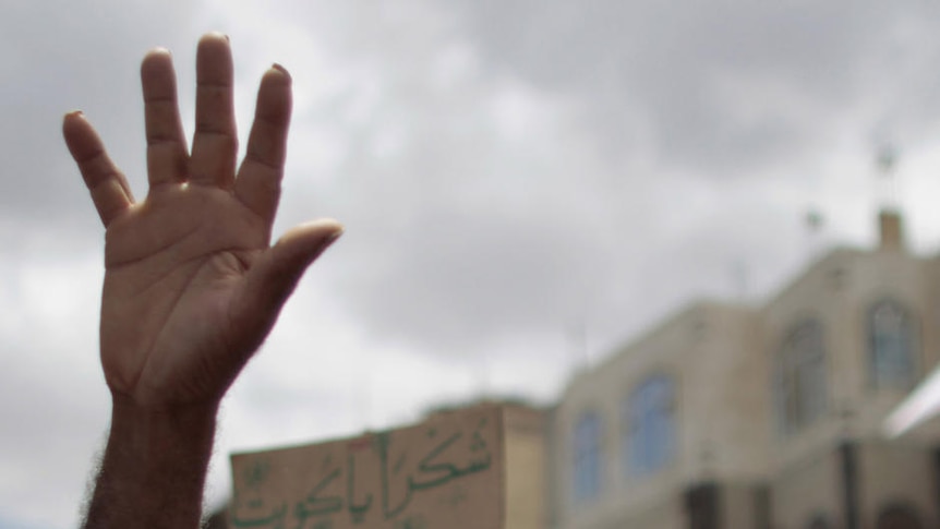 Anti-government protesters in Sanaa, Yemen, demand the ouster of president Ali Abdullah Saleh