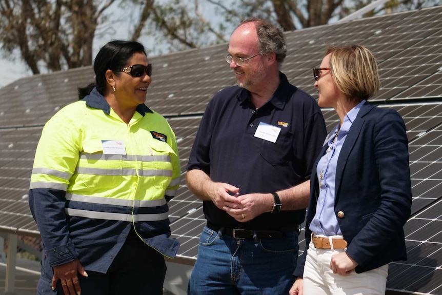 Two women and a man stand in front of solar panels in a paddock