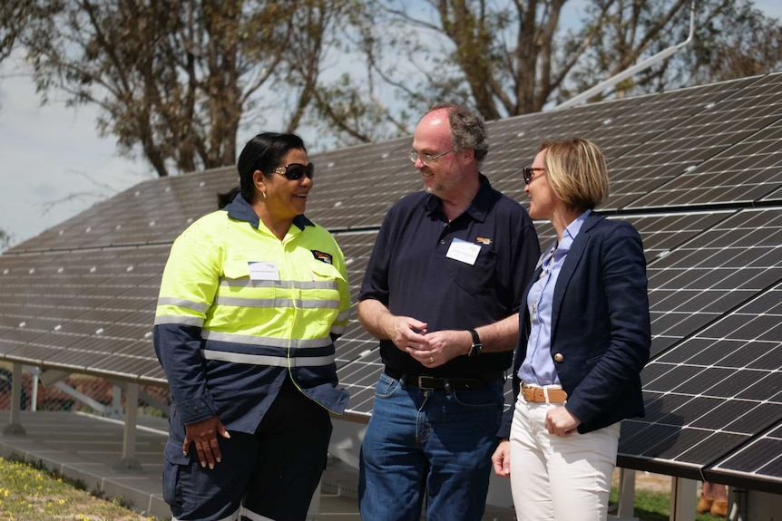 Two men and a man stand in front of solar panels in a paddock