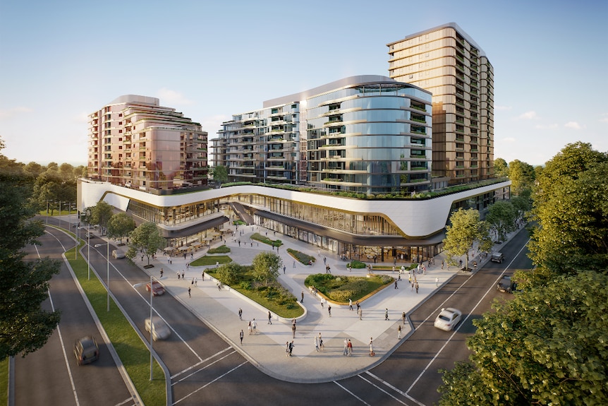 A design render shows a corner image of a group of three curved towers that sit atop green balcony terraces.