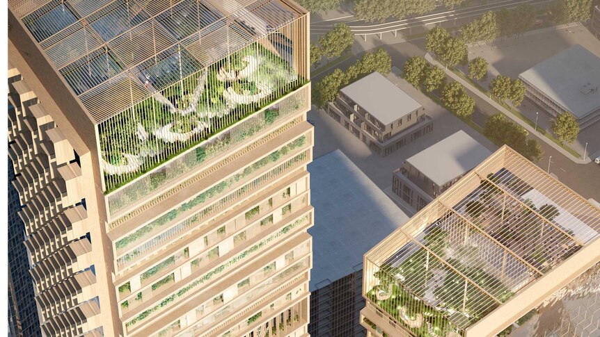 An artist's impression of two buildings with timber fittings and rooftop gardens.