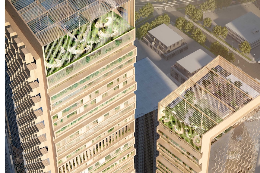 An artist's impression of two buildings with timber fittings and rooftop gardens.