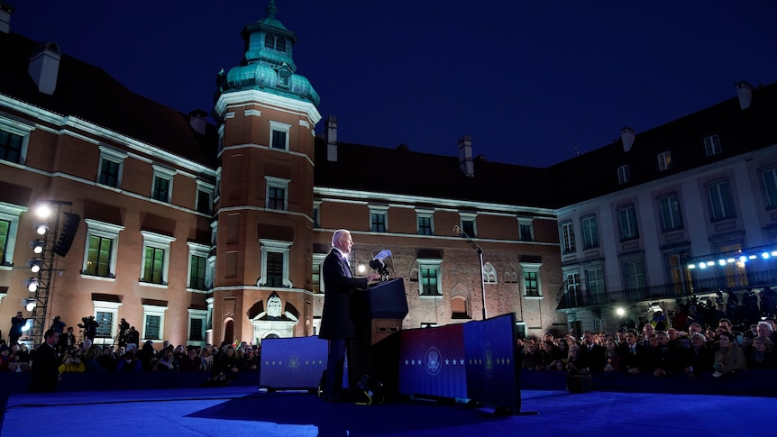 President Joe Biden delivers a speech about the Russian invasion of Ukraine, at the Royal Castle.