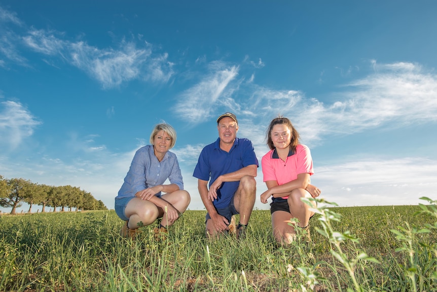 A woman, man and their daughter crouch in a green field of pasture 