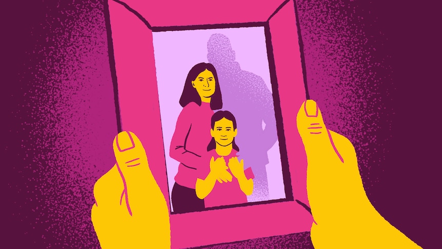 Pink and yellow illustration of hands holding a photo frame with a mother and child and no father