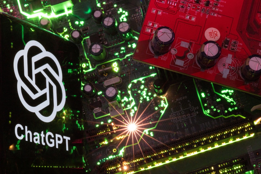 An illustration of the ChatGPT logo with a computer chip board in the background.