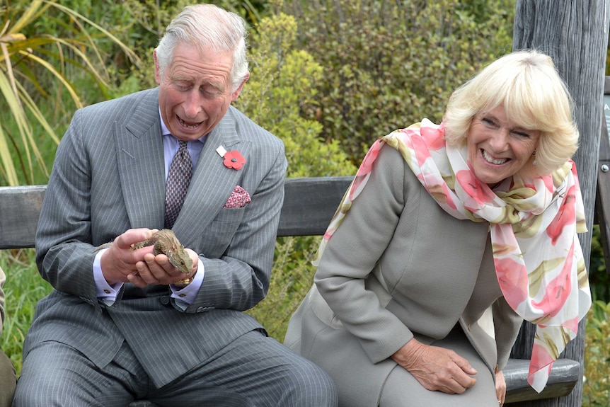 Prince Charles and wife Camilla, Duchess of Cornwall, laugh as the royal holds a lizard.