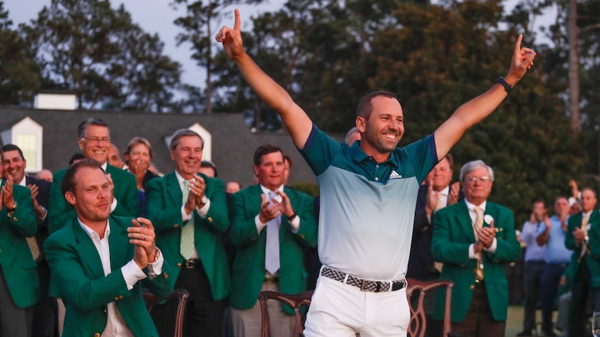 Spain's Sergio Garcia celebrates at the green jacket ceremony after winning the 2017 Masters title.