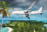 An illustration of a RAAF Poseidon aircraft above the Cocos Islands.