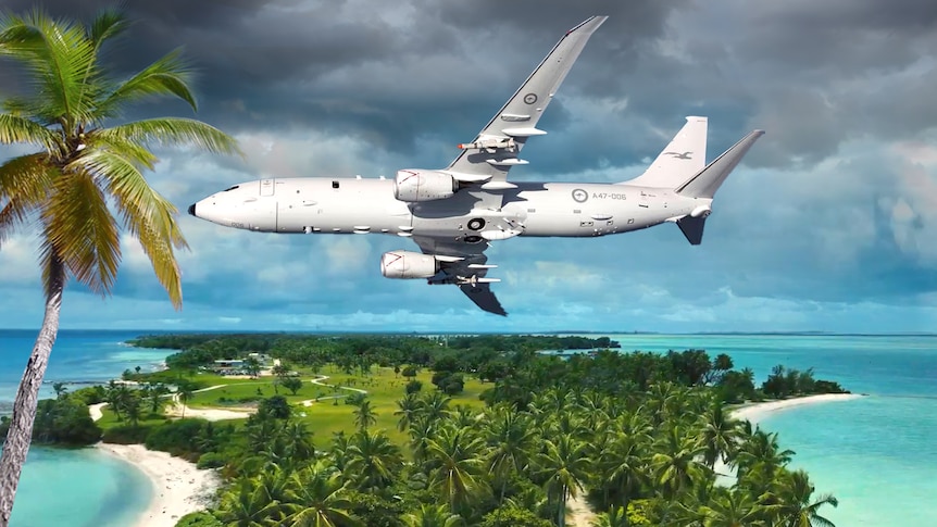 An illustration of a RAAF Poseidon aircraft above the Cocos Islands.