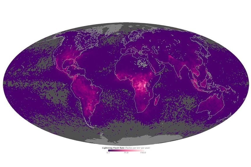 A world map showing the intensity of lightning flashes around the world.
