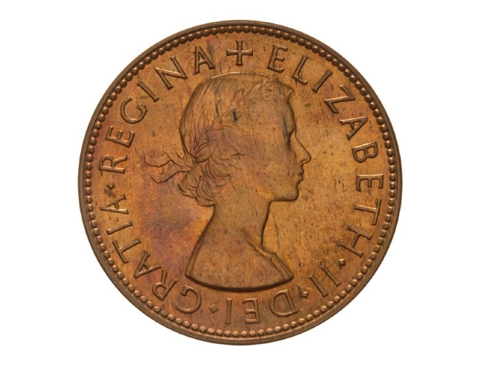 An Australian coin with a young Queen Elizabeth II on the back. She's wearing a wreath on her head.