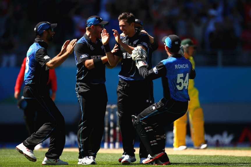 Black Caps celebrate Boult's dismissal of Marsh