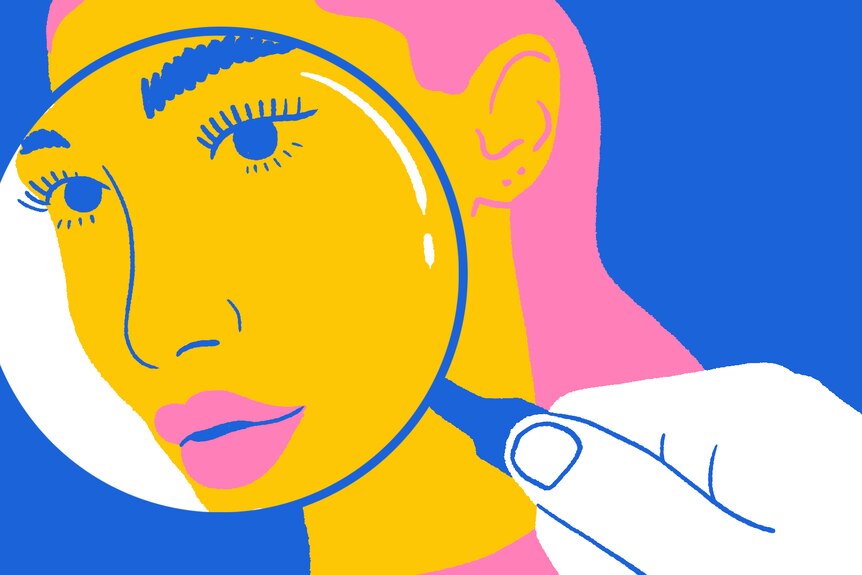 A celebrity is seen pouting in this pop art-style illustration, while a hand holds a microscope over her.
