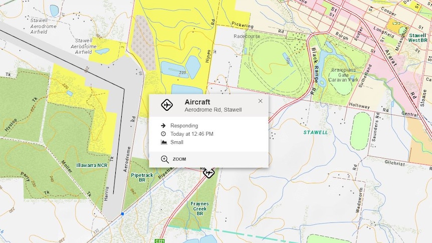 A map from the Emergency Management Victoria website which places the crash east of the Stawell Airport