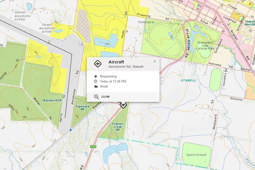 A map from the Emergency Management Victoria website which places the crash east of the Stawell Airport