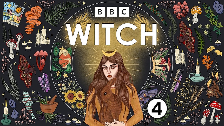 An illustration of a woman, surrounded by symbols of natural elements, herbs and flowers, labelled 'BBC: Witch'.