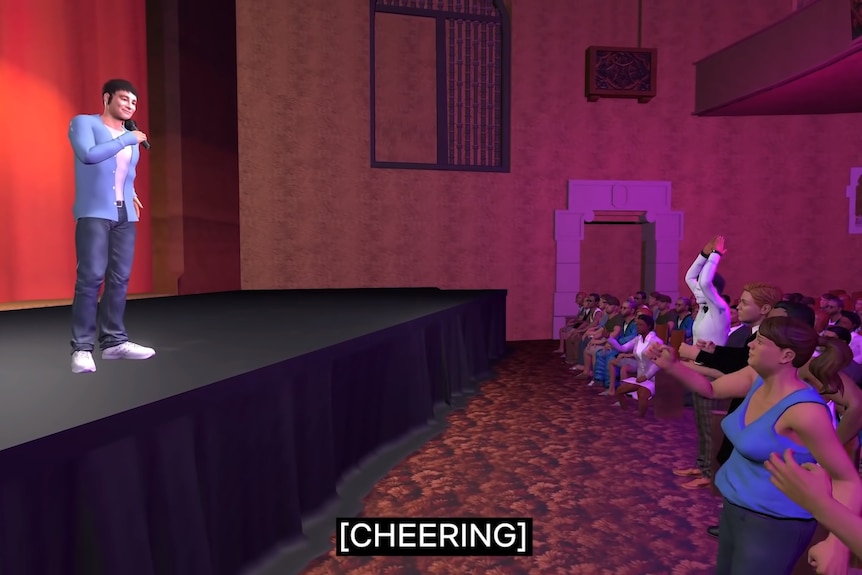 Animated avatar of a man speaks to a cheering, animated crowd at a comedy show.
