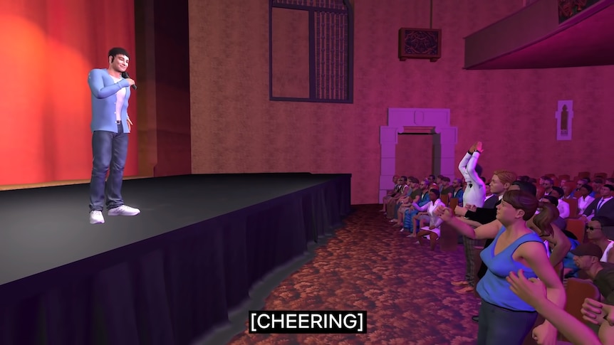 Animated avatar of a man speaks to a cheering, animated crowd at a comedy show.