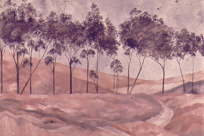 Painting of hills with trees in a line.