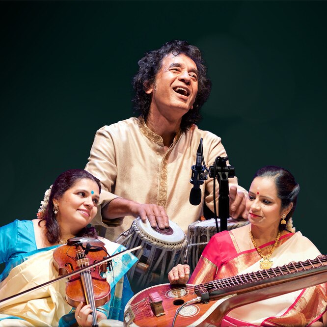 Composite image of three musicians performing with their instruments.