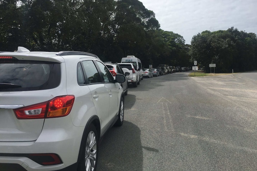 Long line of cars leading up to the Daintree Ferry