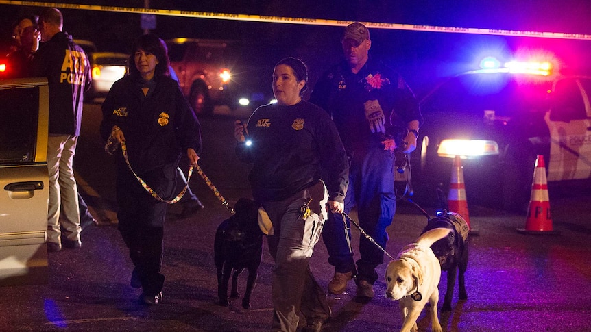 Police dogs and their handlers deploy at the scene of an explosion in southwest Austin.