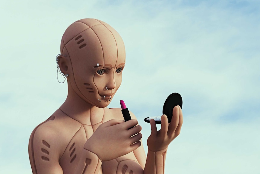 Bald cyborg woman with facial piercings putting on lipstick and looking in a compact mirror