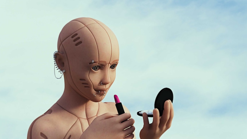 Bald cyborg woman with facial piercings putting on lipstick and looking in a compact mirror