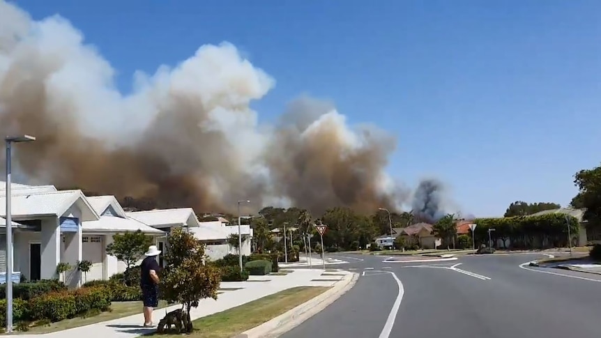 Big smoke plumes over houses, a man walking his dog looks on.