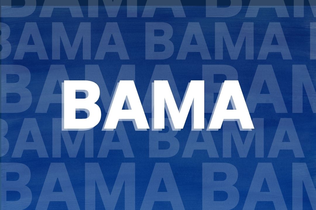 The word 'BAMA' is written in bold, block white text with a dark blue background