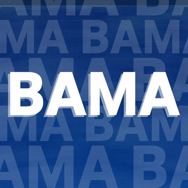 The word 'BAMA' is written in bold, block white text with a dark blue background